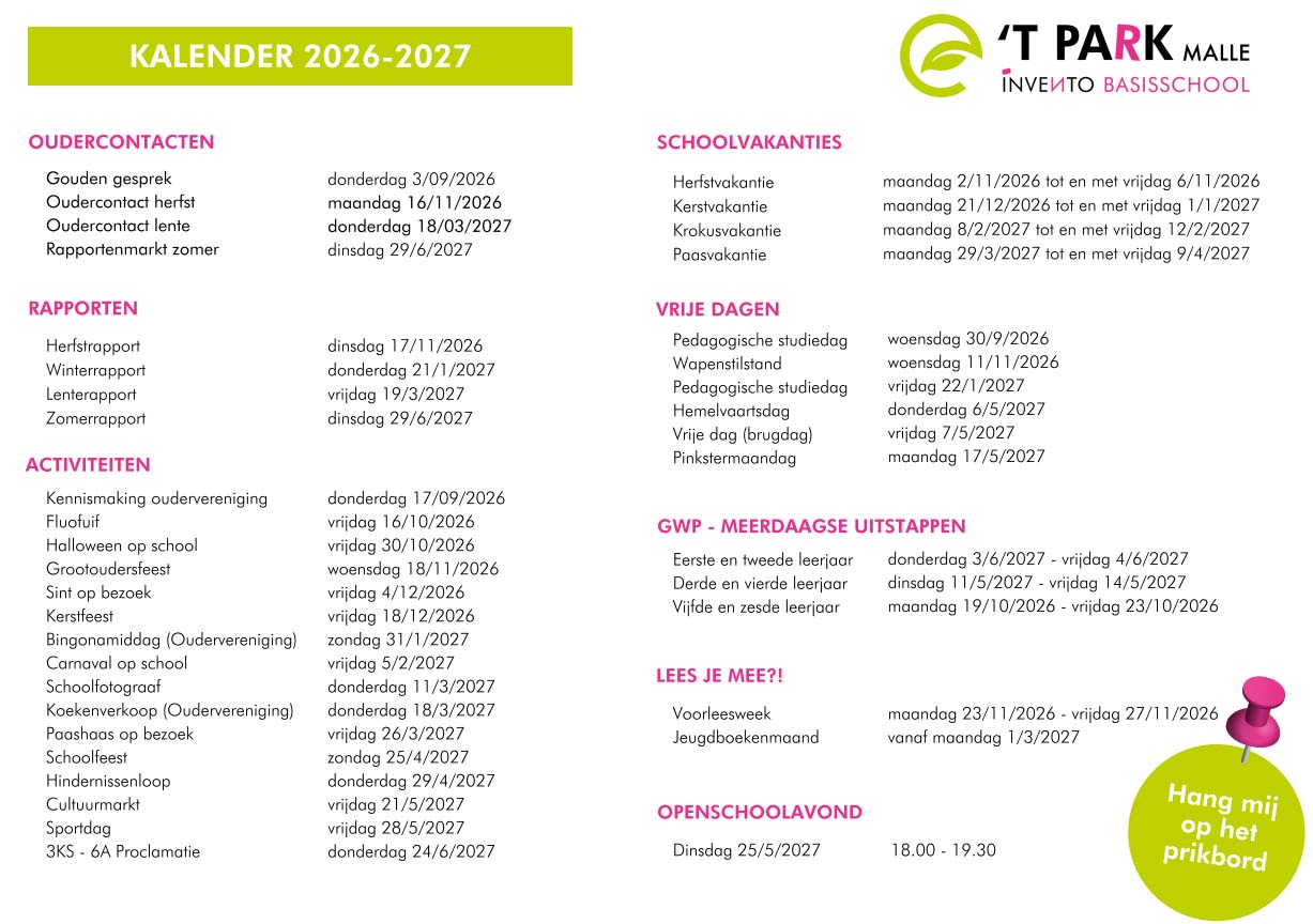 Basisschool 't Park Oostmalle kalender 2024-2025