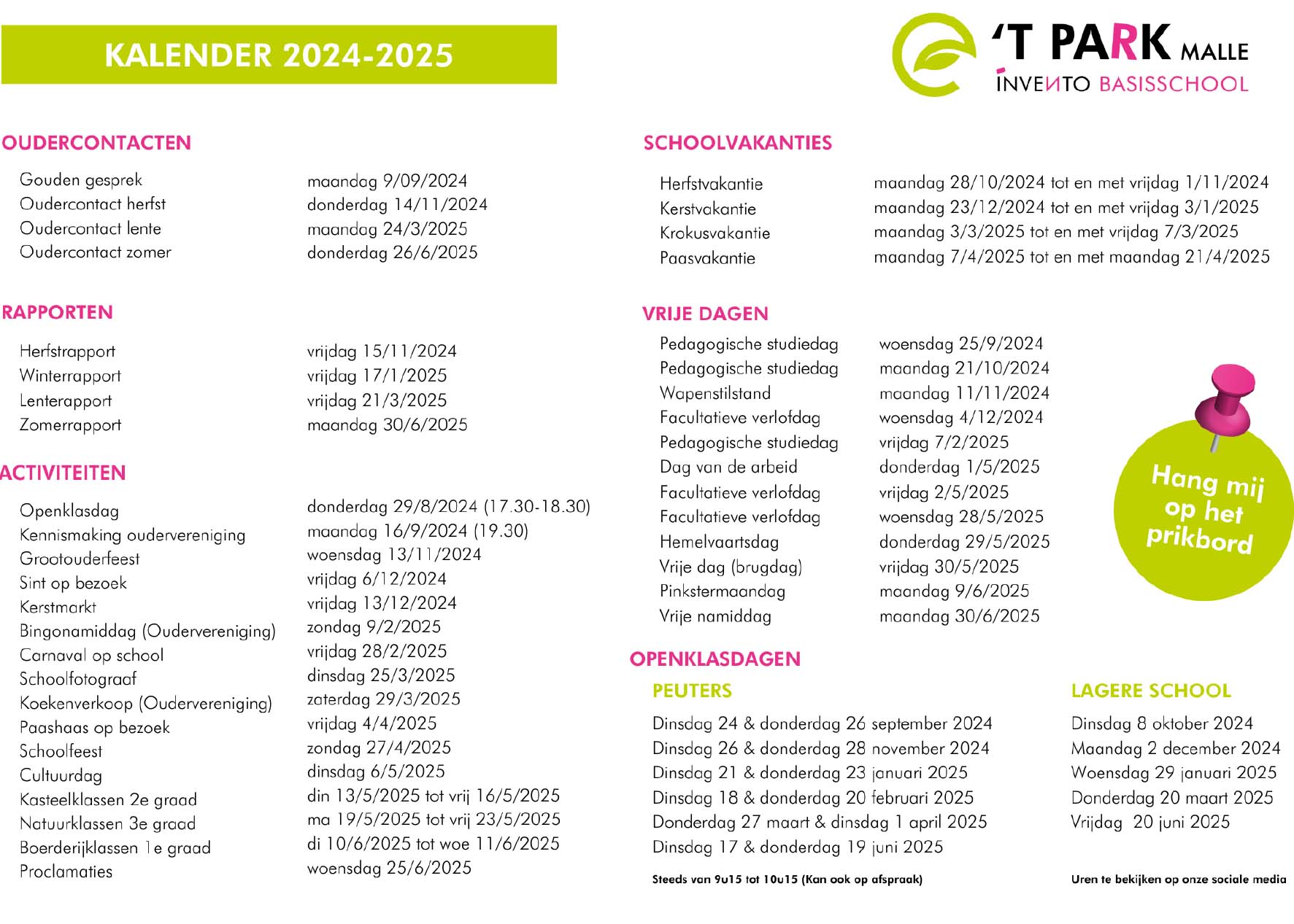 Basisschool 't Park Oostmalle kalender 2024-2025