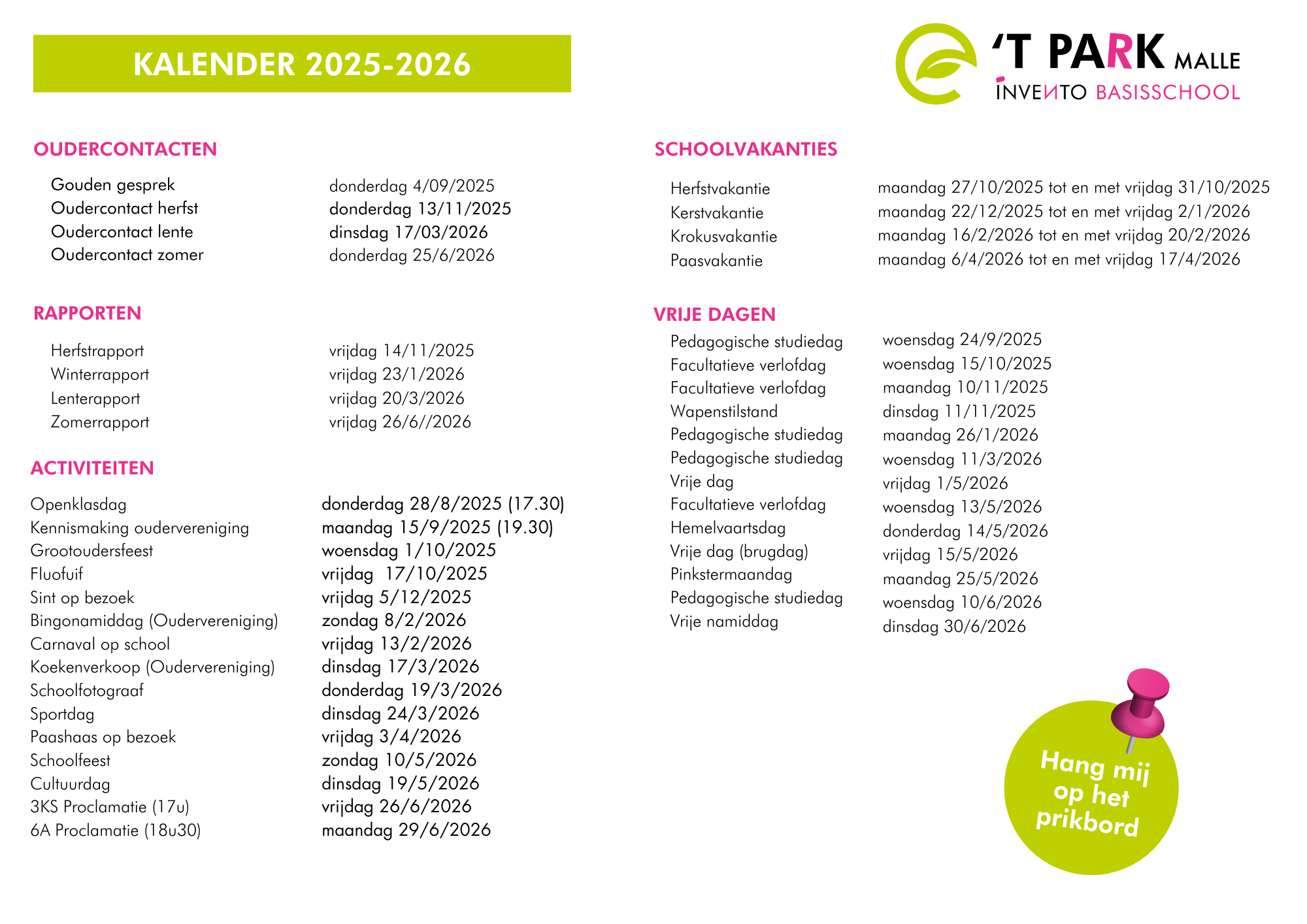 Basisschool 't Park Oostmalle kalender 2024-2025